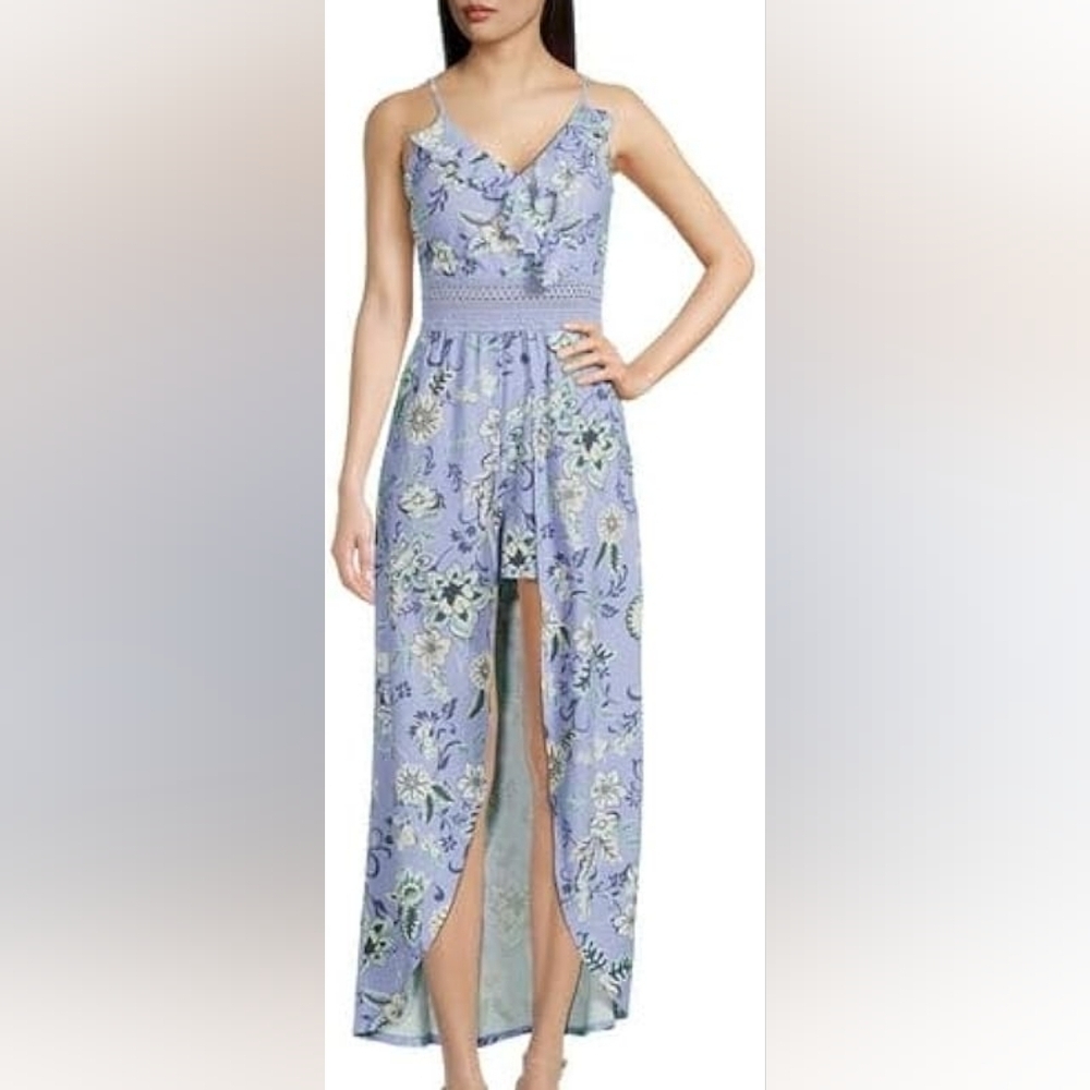 No Boundaries Sleeveless V-Neck Ruffle Walk Through Maxi Romper Dress Size Large
